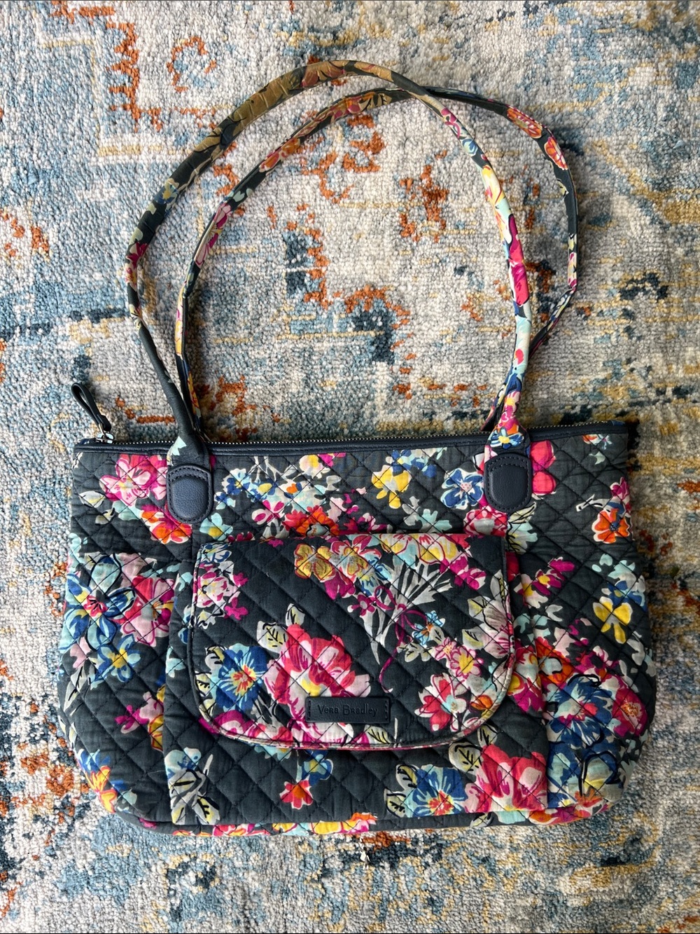 Vera Bradley Black Quilted Tote with Multicolor Floral Print
